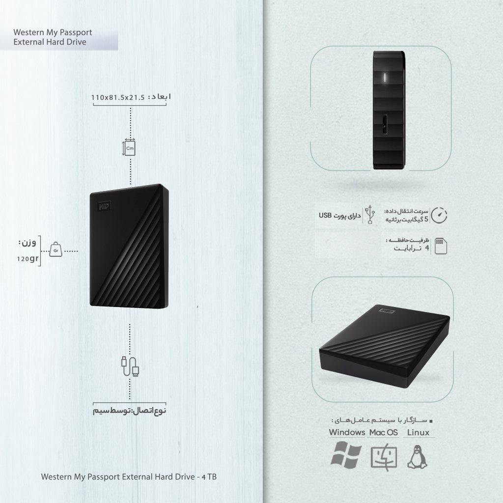 هارد اکسترنال وسترن دیجیتال مدل My Passport ظرفیت چهار ترابایت دارای رابط USB Type-A 3.0